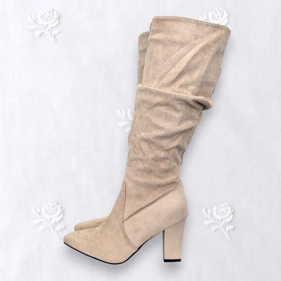 Shoes - Elegant 90s Style Western Slouchy Nude Tan Faux Suede Knee High Heel Boots 6.5